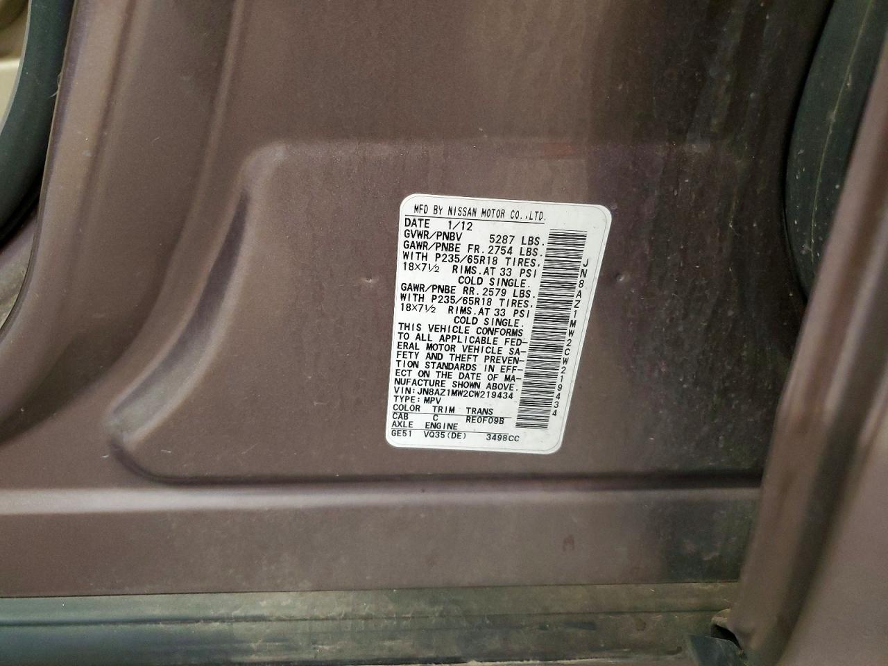 2012 Nissan Murano S Brown vin: JN8AZ1MW2CW219434