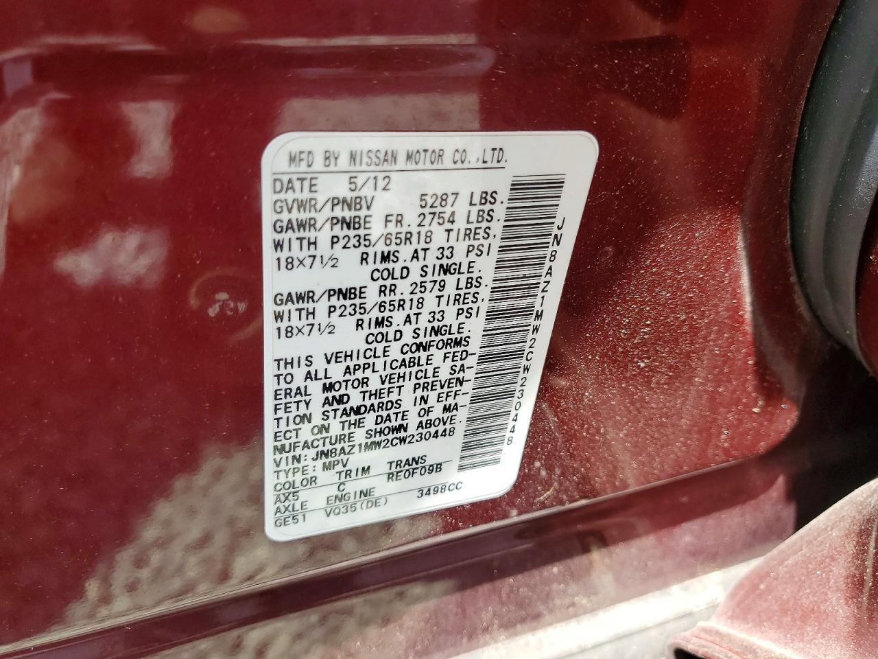 2012 Nissan Murano S Burgundy vin: JN8AZ1MW2CW230448