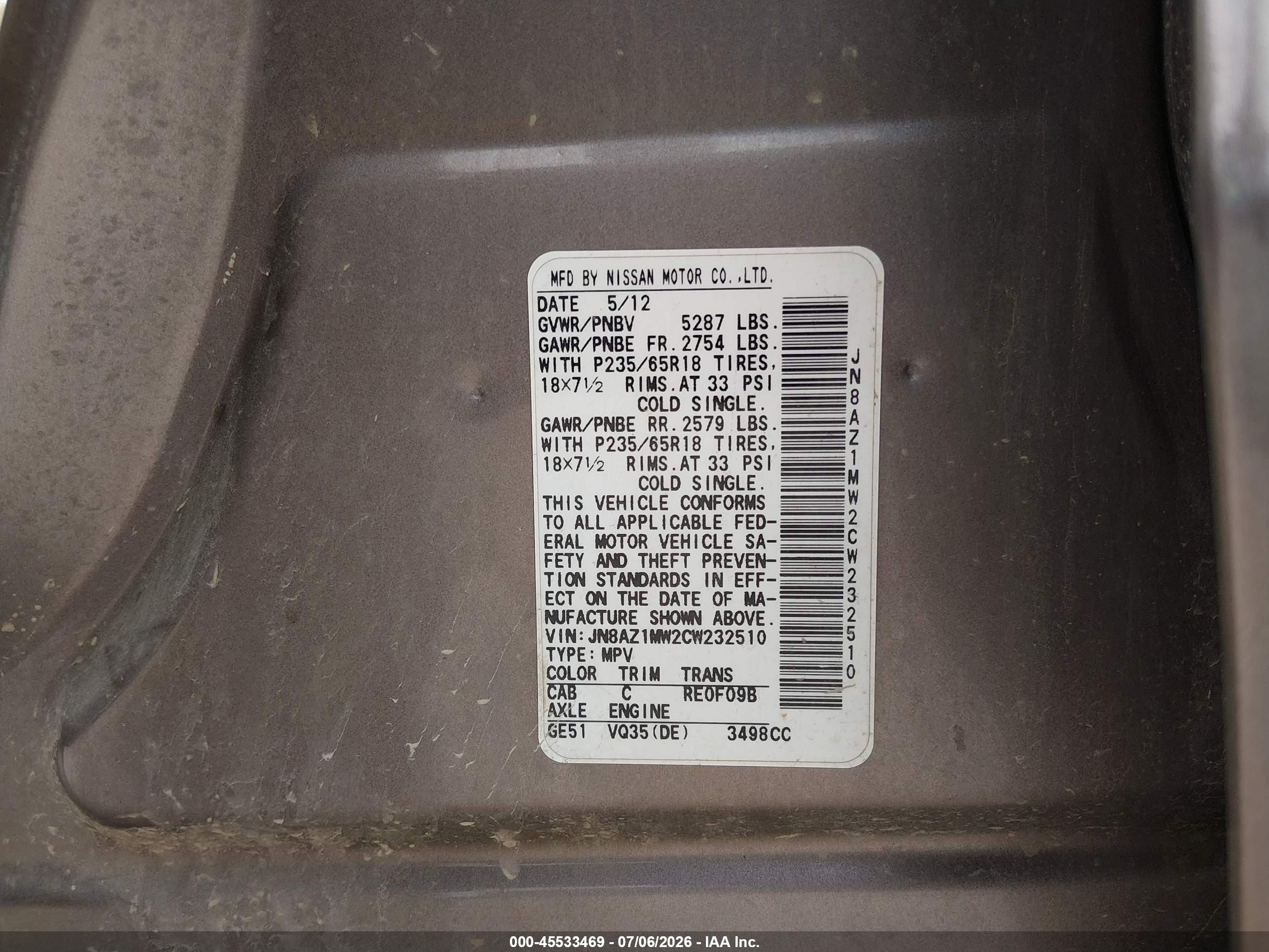 2012 Nissan Murano Sl Серый vin: JN8AZ1MW2CW232510