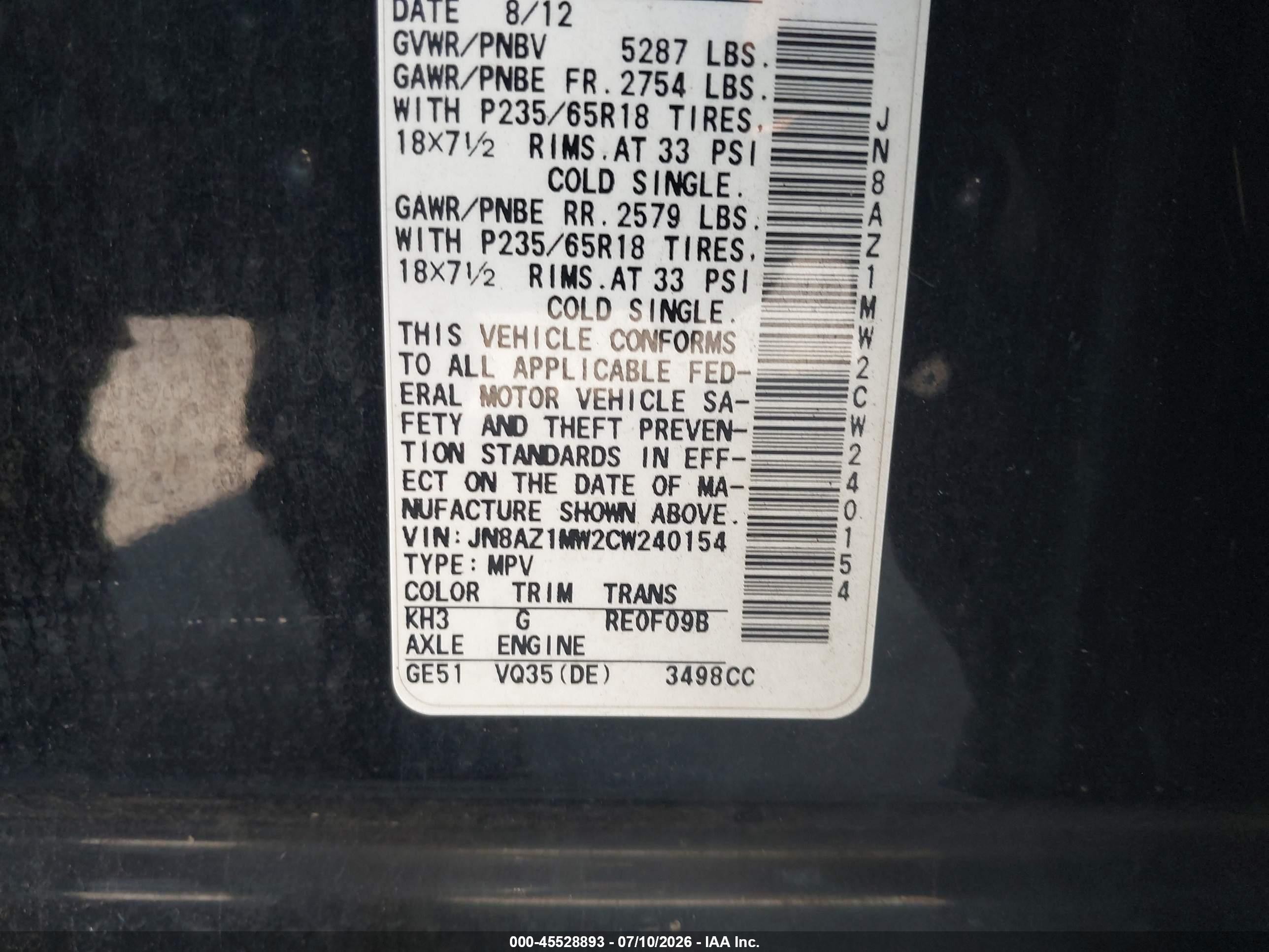 2012 Nissan Murano Sl Black vin: JN8AZ1MW2CW240154