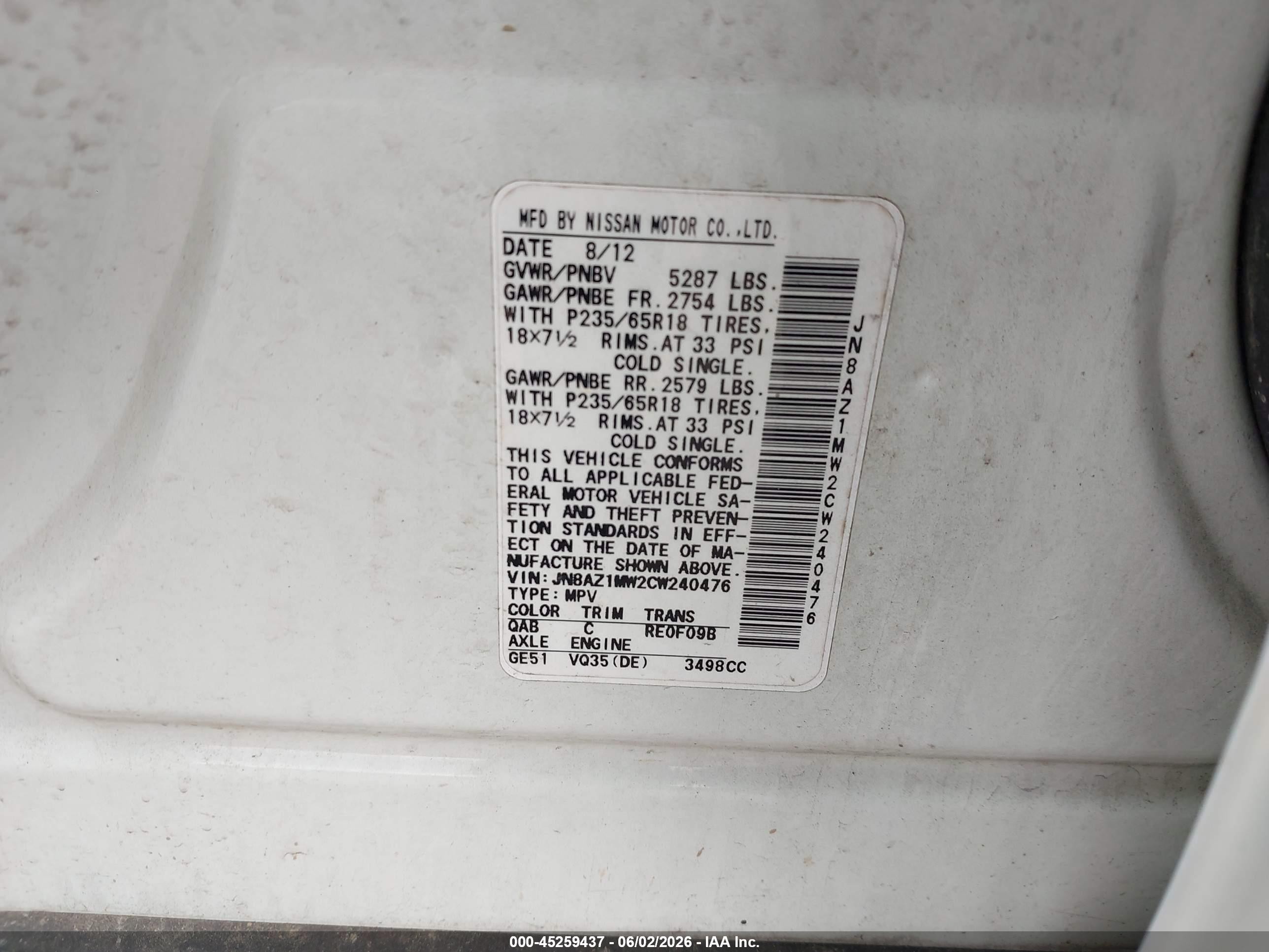 2012 Nissan Murano Sl White vin: JN8AZ1MW2CW240476