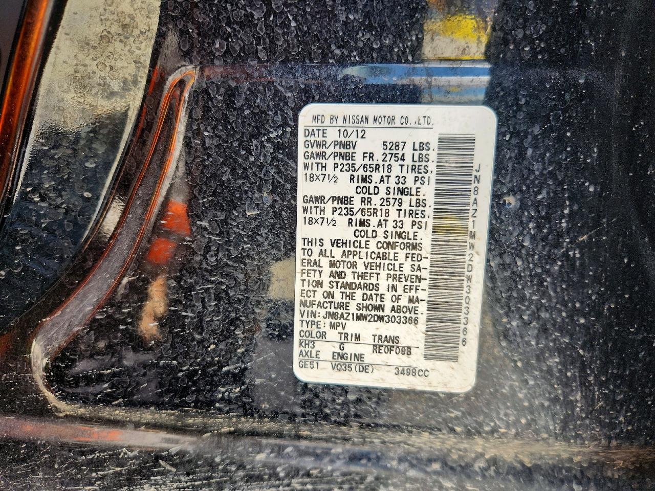 2013 Nissan Murano S Угольный vin: JN8AZ1MW2DW303366