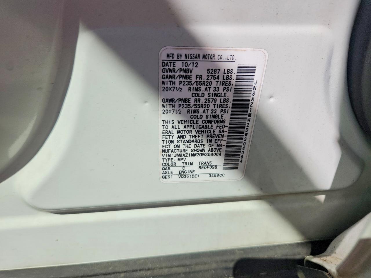 2013 Nissan Murano S White vin: JN8AZ1MW2DW304064