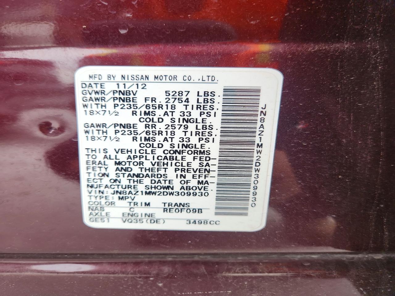 2013 Nissan Murano Burgundy vin: JN8AZ1MW2DW309930