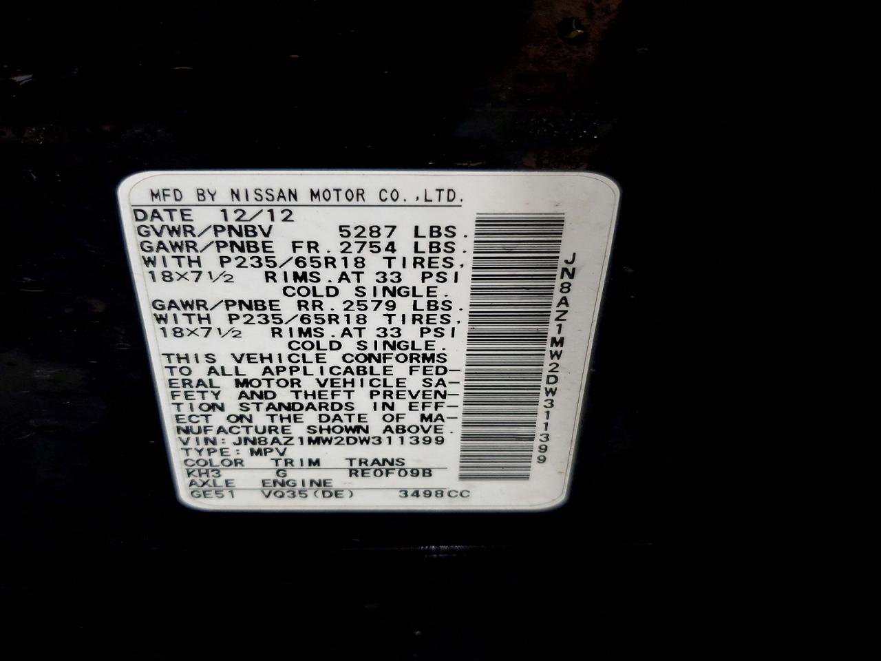 2013 Nissan Murano S Черный vin: JN8AZ1MW2DW311399
