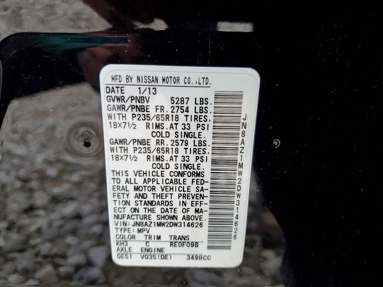2013 Nissan Murano S Black vin: JN8AZ1MW2DW314626