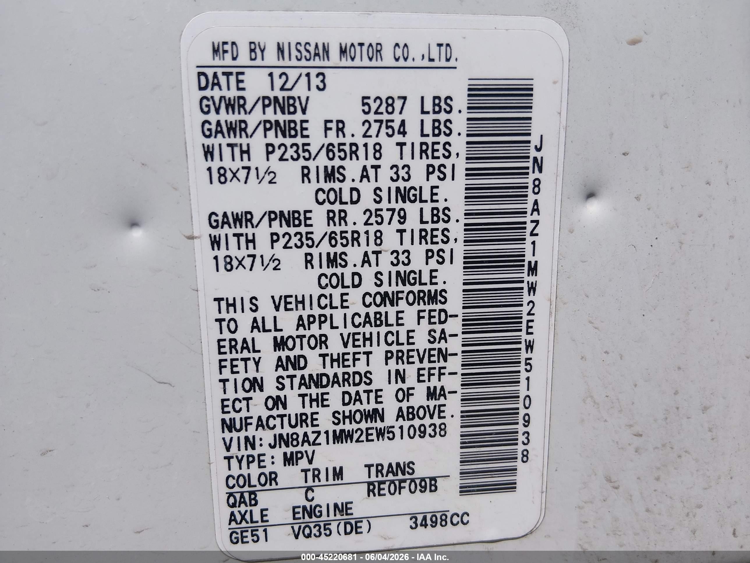 2014 Nissan Murano Sl White vin: JN8AZ1MW2EW510938