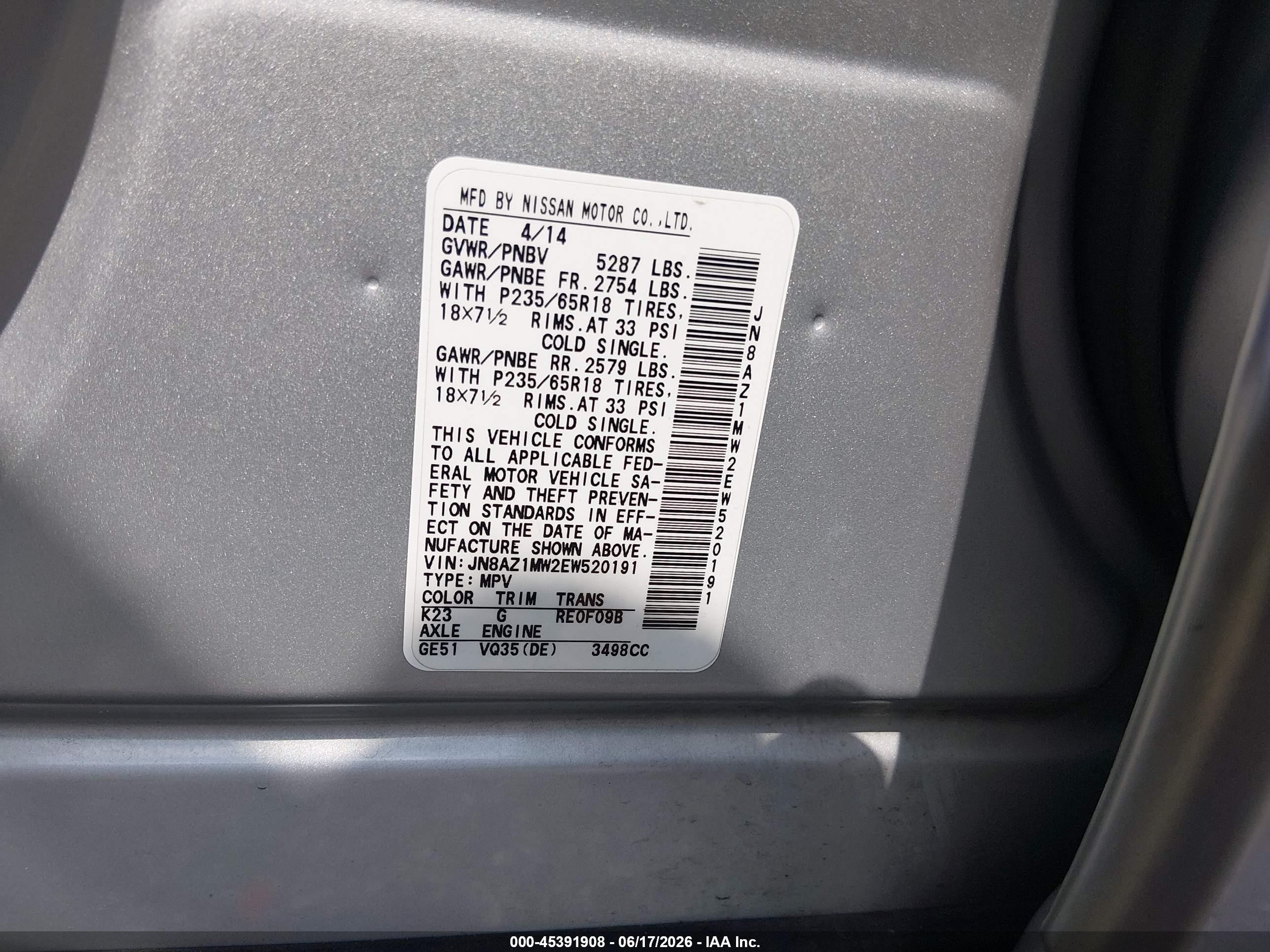2014 Nissan Murano Sv Silver vin: JN8AZ1MW2EW520191