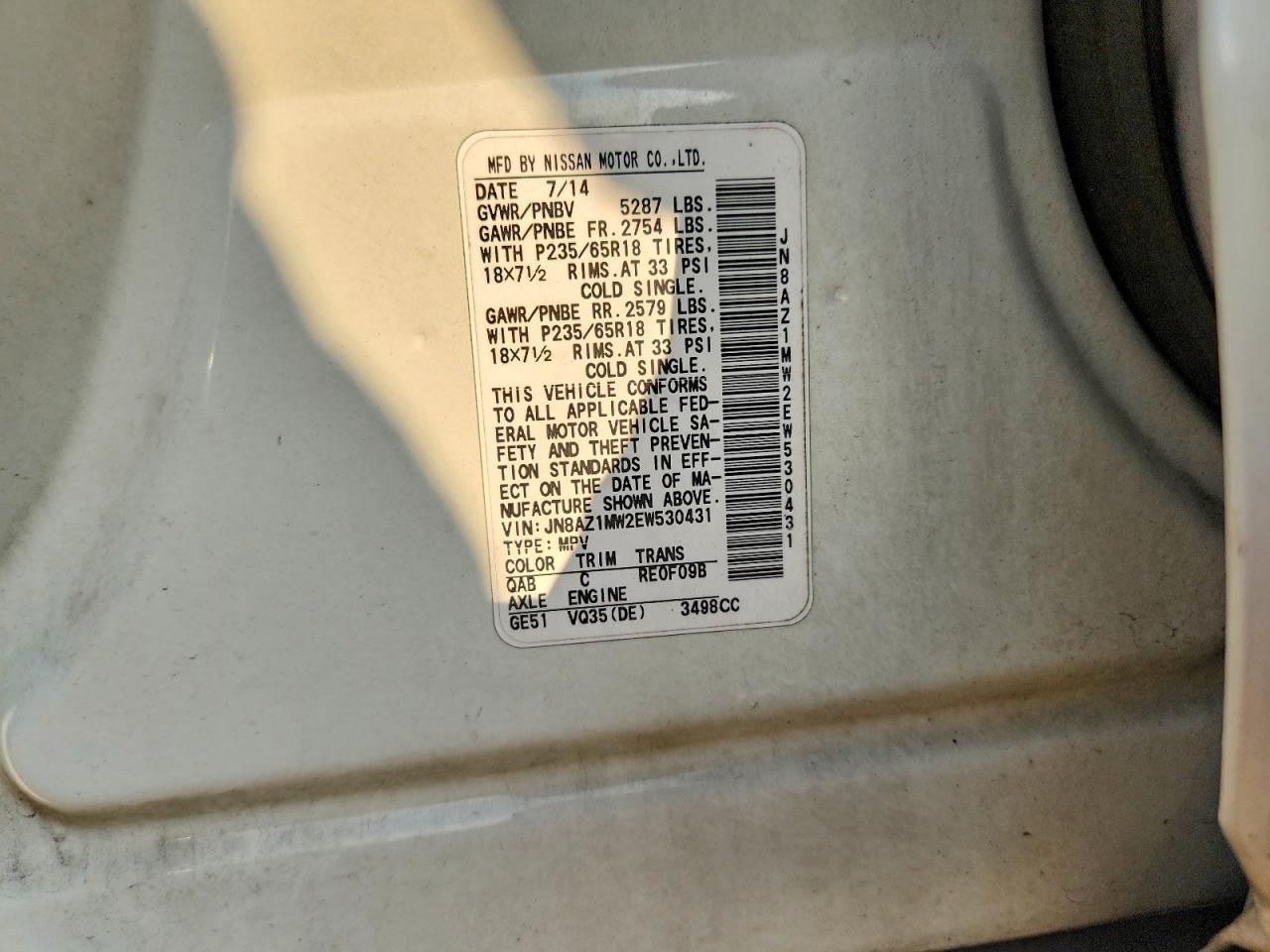 2014 Nissan Murano Sv White vin: JN8AZ1MW2EW530431