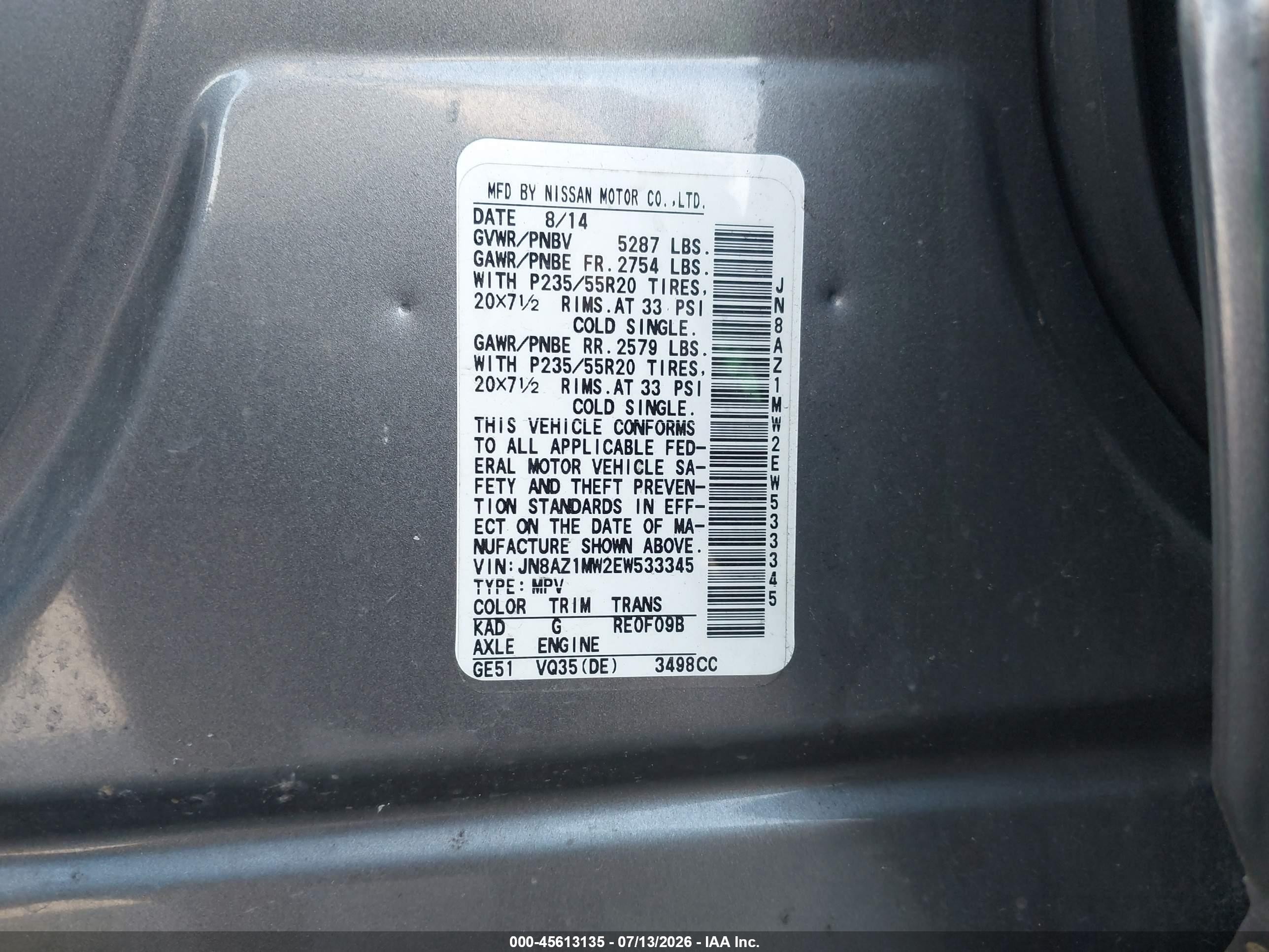 2014 Nissan Murano Le/s/sl/sv Gray vin: JN8AZ1MW2EW533345