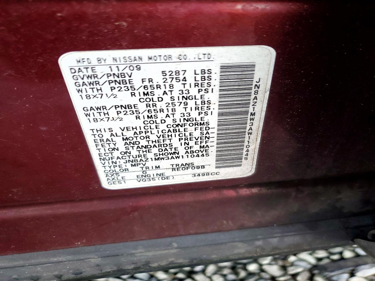 2010 Nissan Murano S Burgundy vin: JN8AZ1MW3AW110445