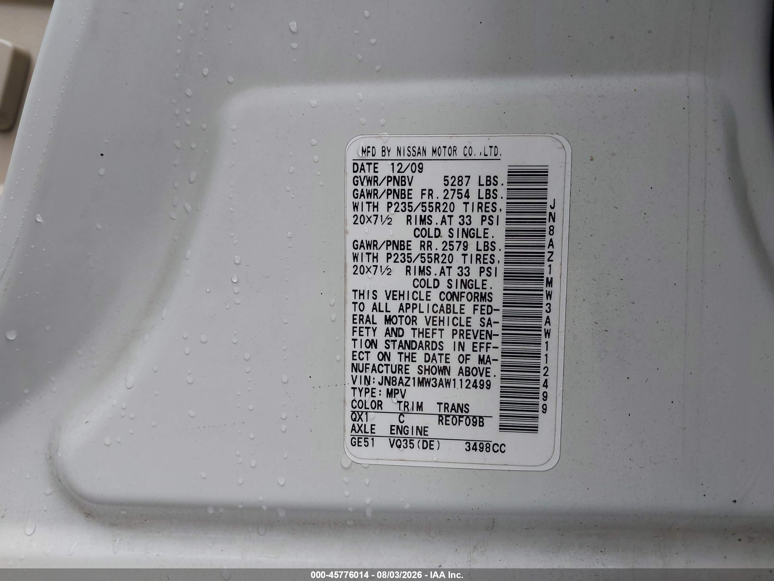 2010 Nissan Murano Le White vin: JN8AZ1MW3AW112499