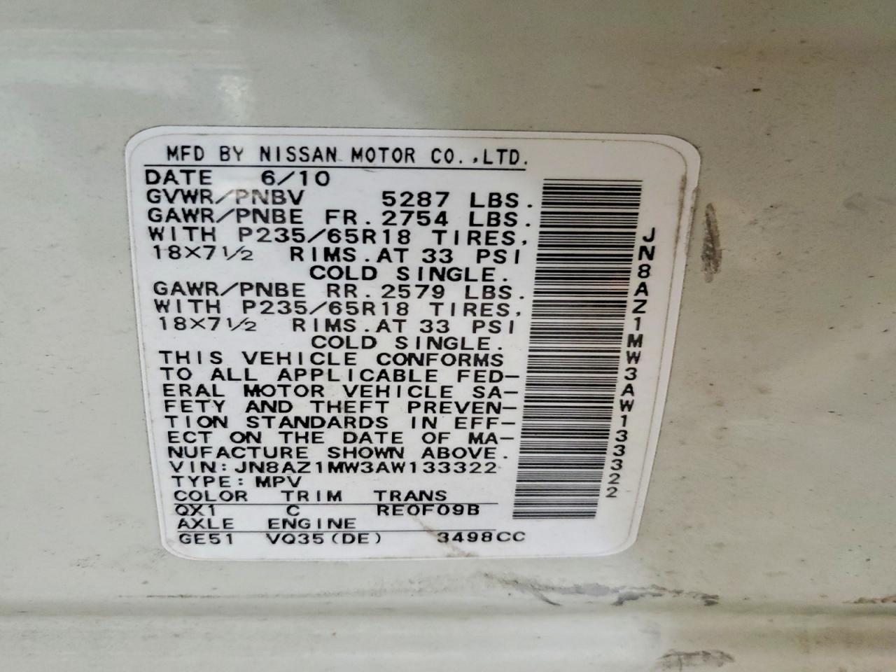 2010 Nissan Murano S White vin: JN8AZ1MW3AW133322