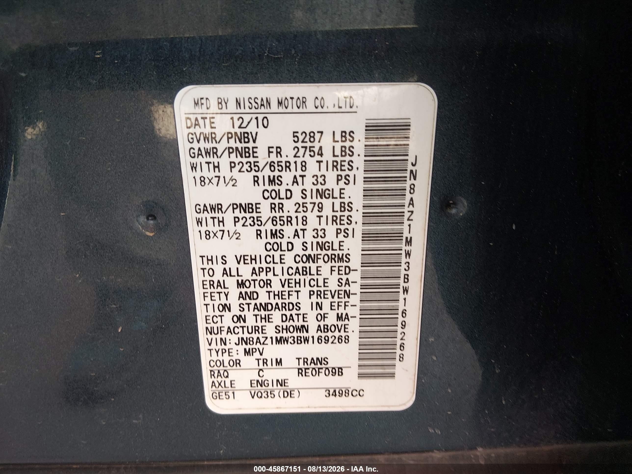 2011 Nissan Murano Sl Blue vin: JN8AZ1MW3BW169268