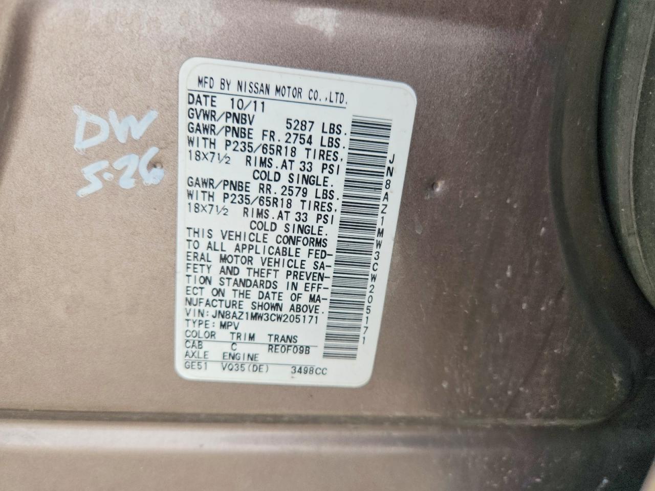 2012 Nissan Murano S Brown vin: JN8AZ1MW3CW205171