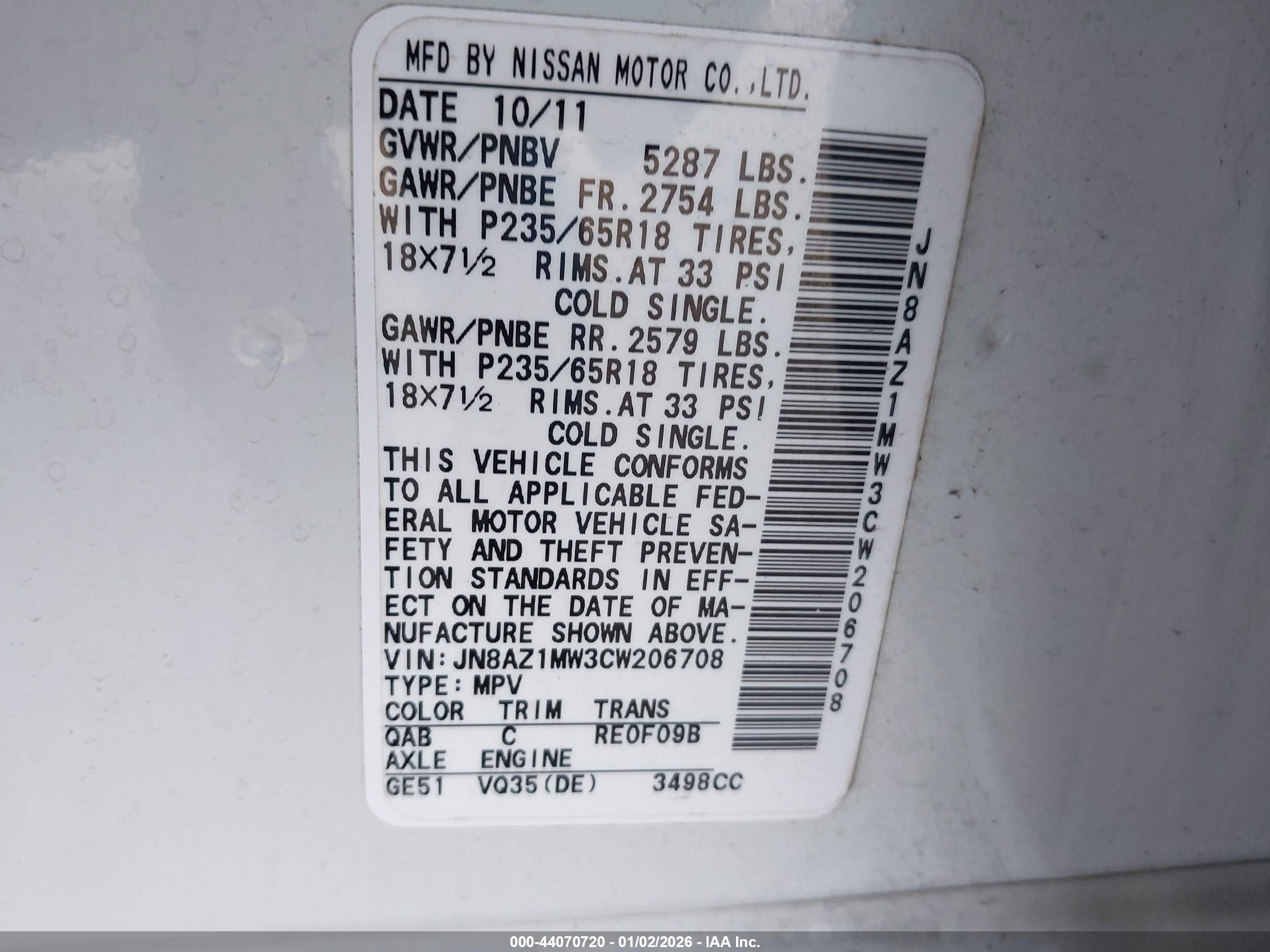 2012 Nissan Murano Sl White vin: JN8AZ1MW3CW206708