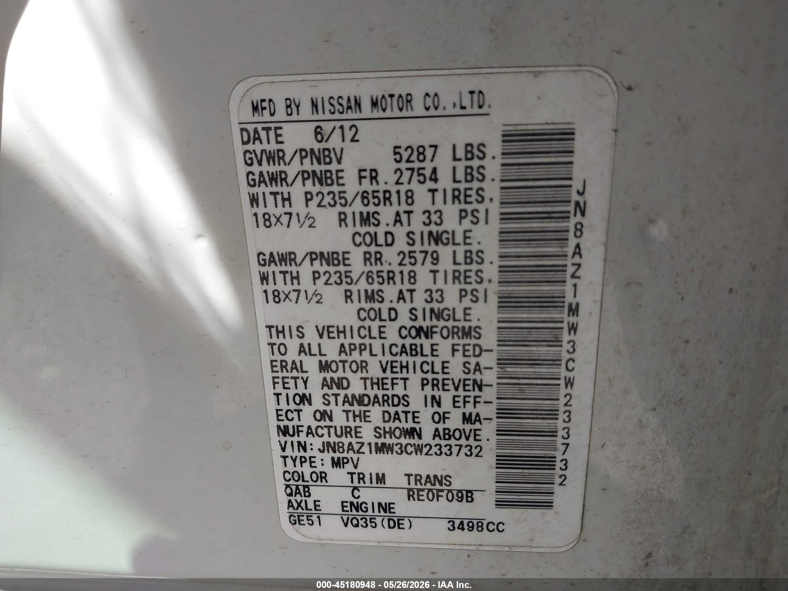 2012 Nissan Murano S White vin: JN8AZ1MW3CW233732