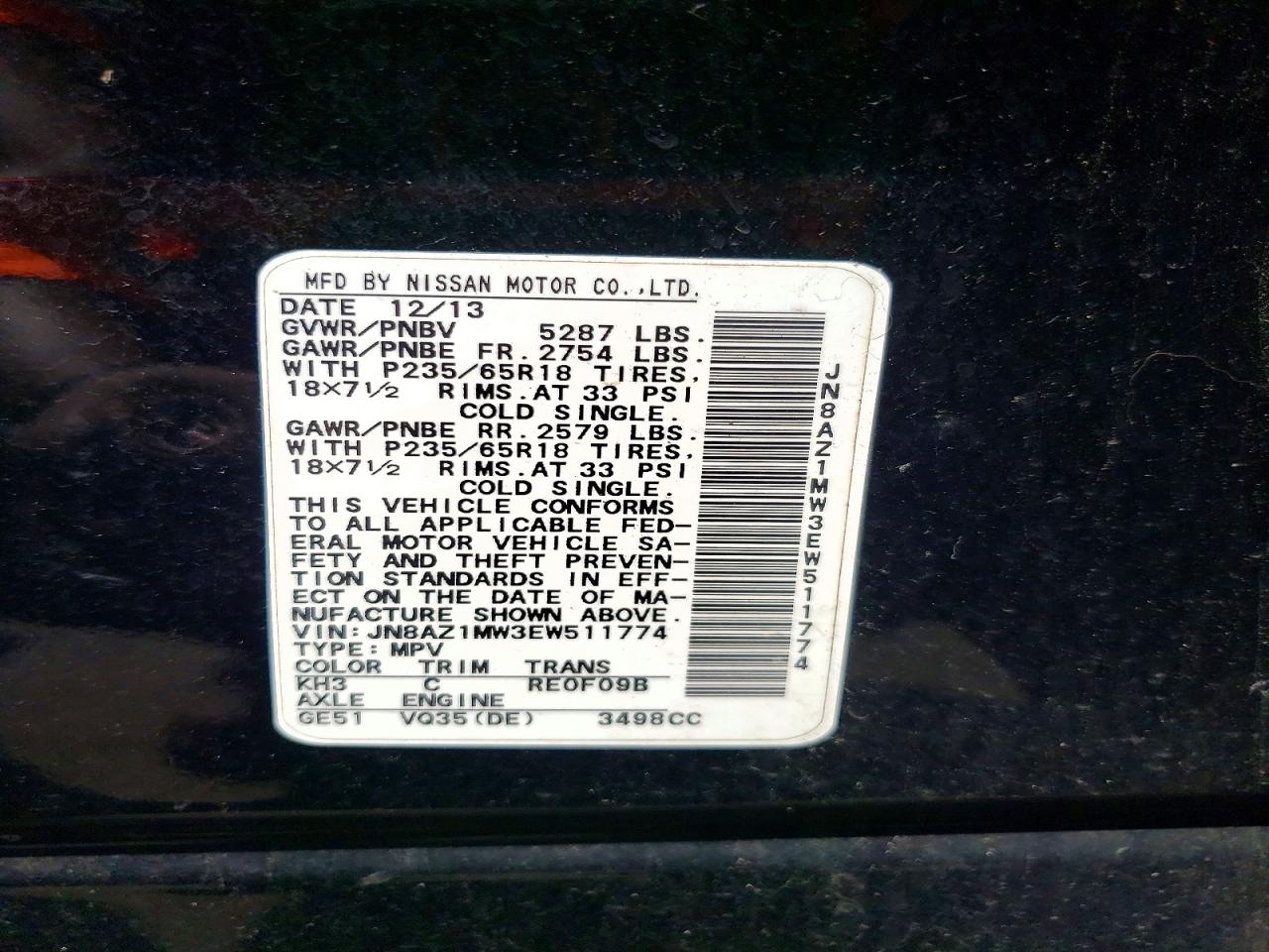 2014 Nissan Murano Sl Черный vin: JN8AZ1MW3EW511774