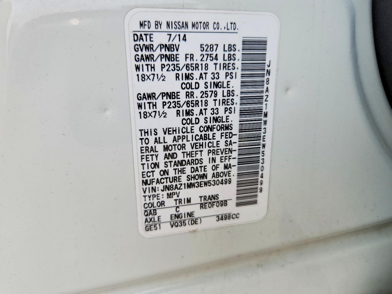 2014 Nissan Murano Sv White vin: JN8AZ1MW3EW530499