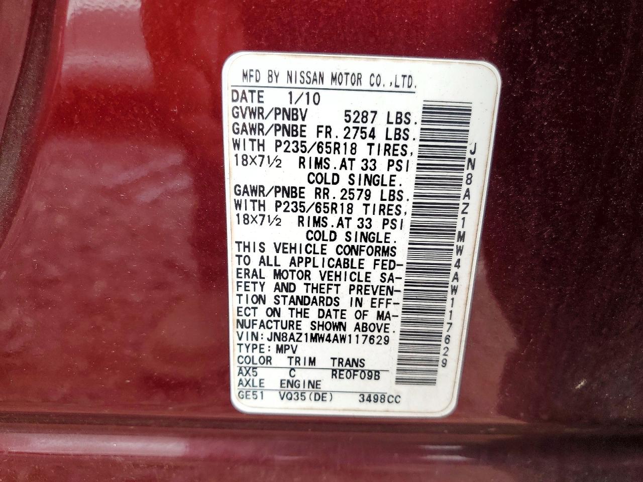 2010 Nissan Murano S Maroon vin: JN8AZ1MW4AW117629