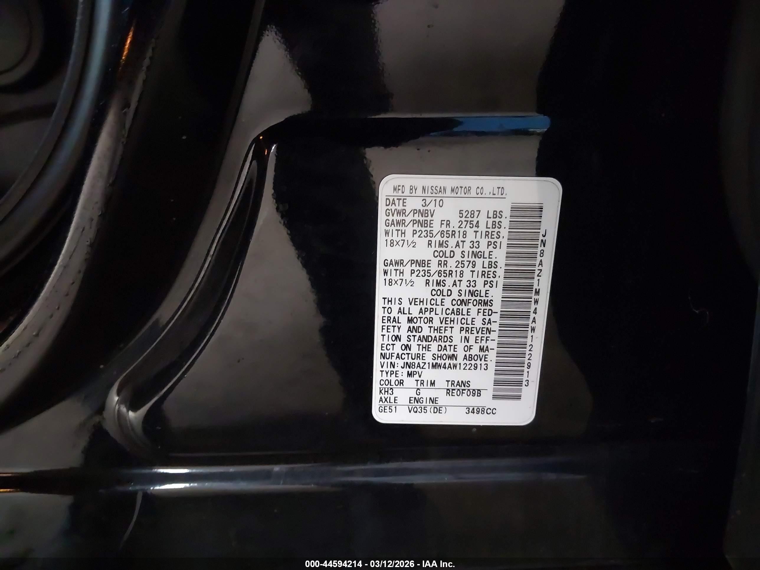 2010 Nissan Murano S Черный vin: JN8AZ1MW4AW122913