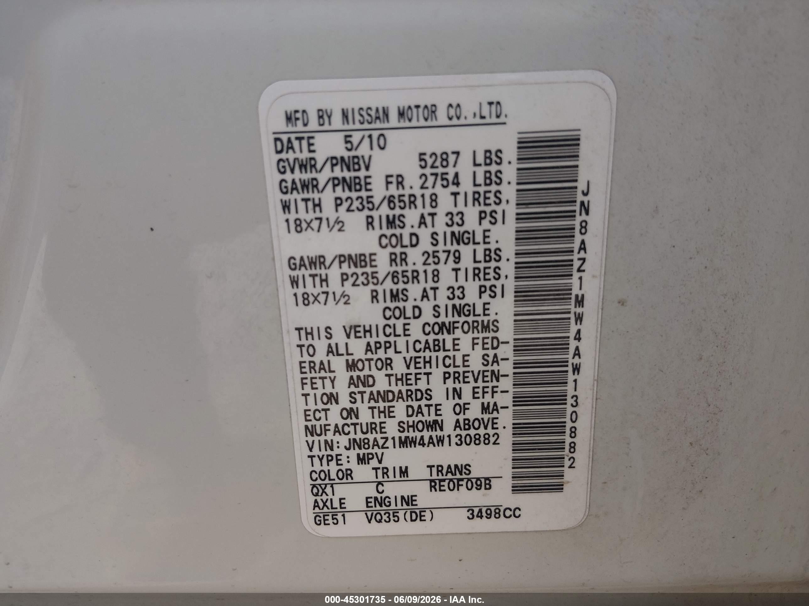 2010 Nissan Murano Sl White vin: JN8AZ1MW4AW130882