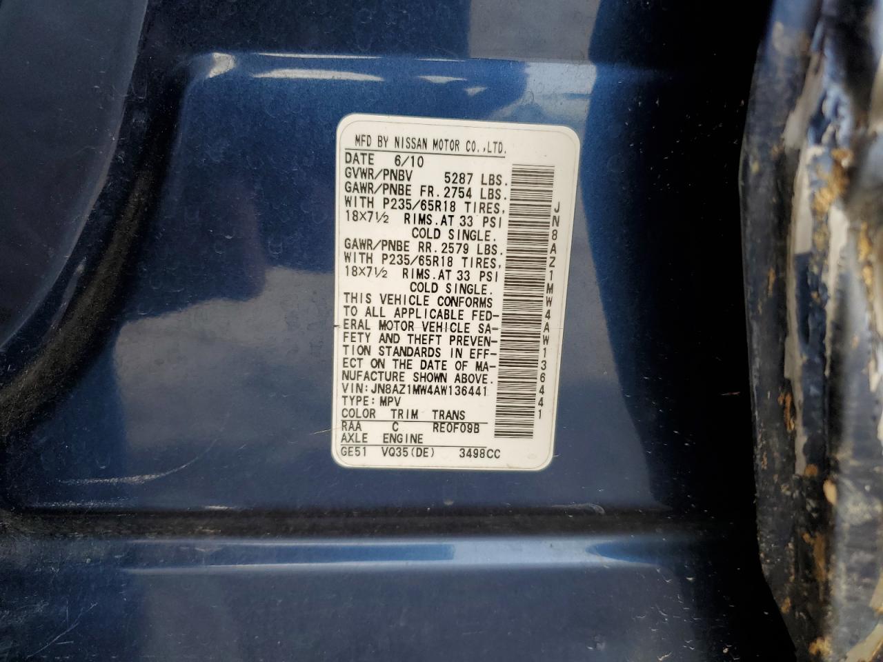 2010 Nissan Murano S Blue vin: JN8AZ1MW4AW136441