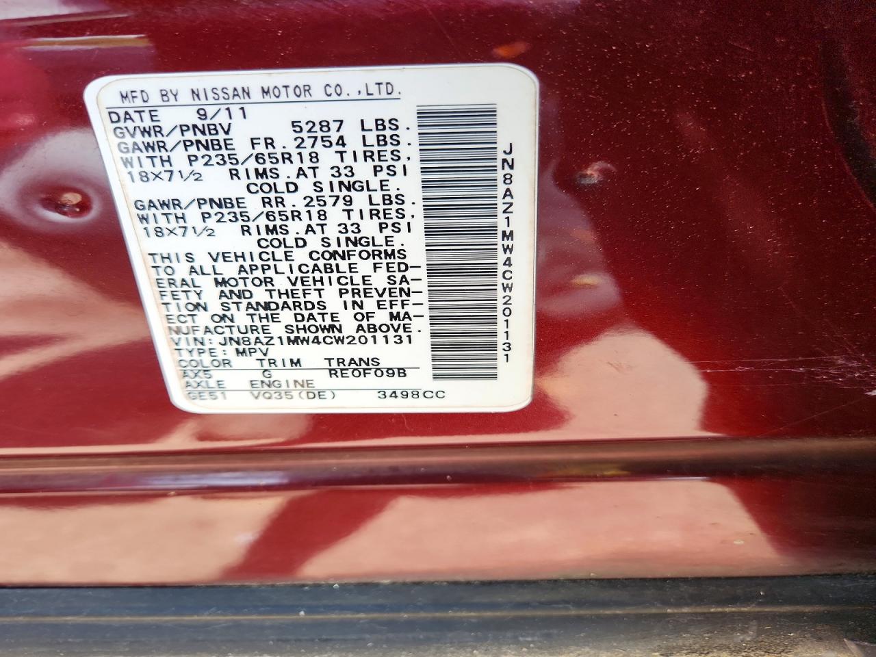 2012 Nissan Murano S Burgundy vin: JN8AZ1MW4CW201131