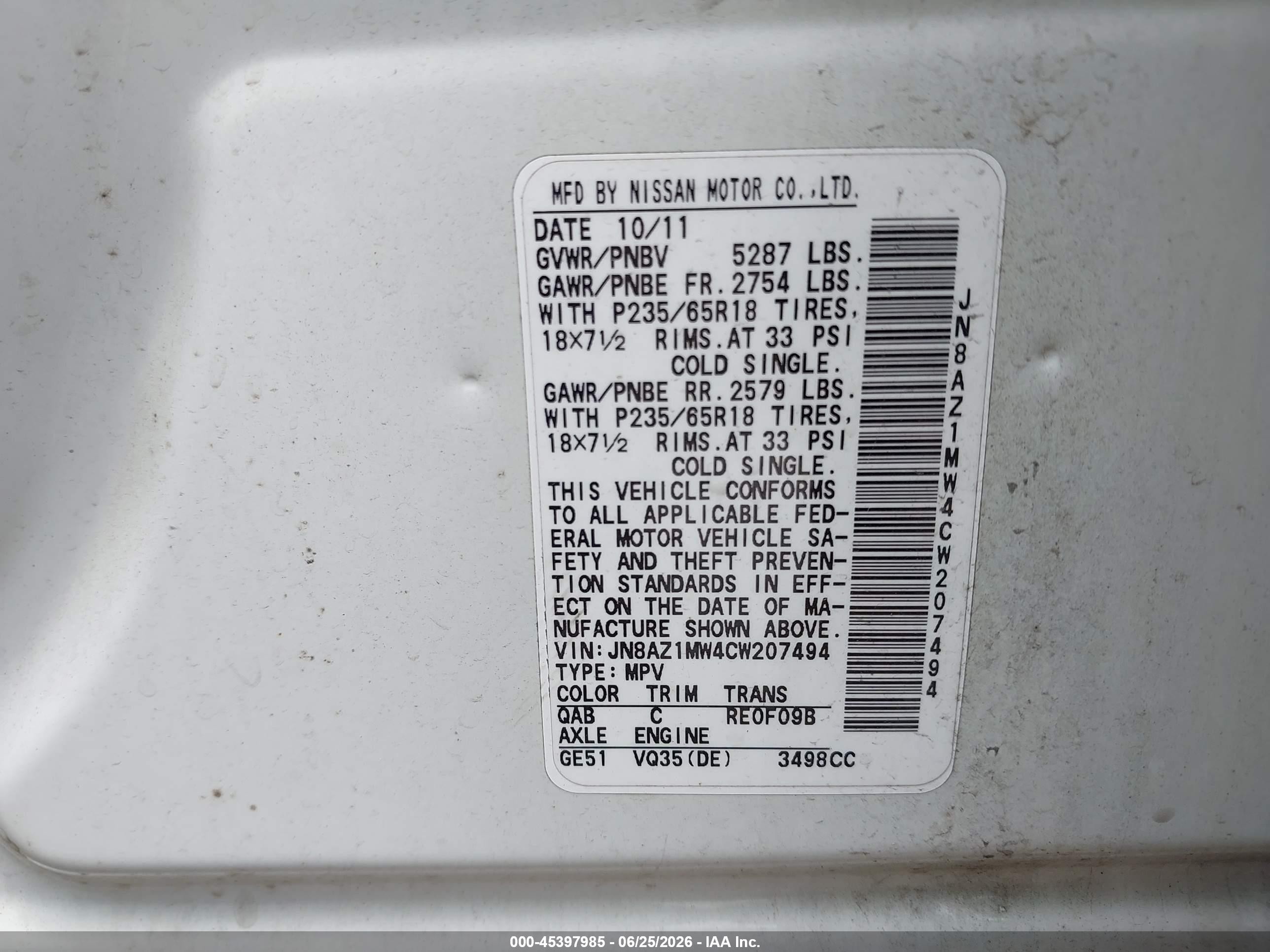 2012 Nissan Murano Sl White vin: JN8AZ1MW4CW207494