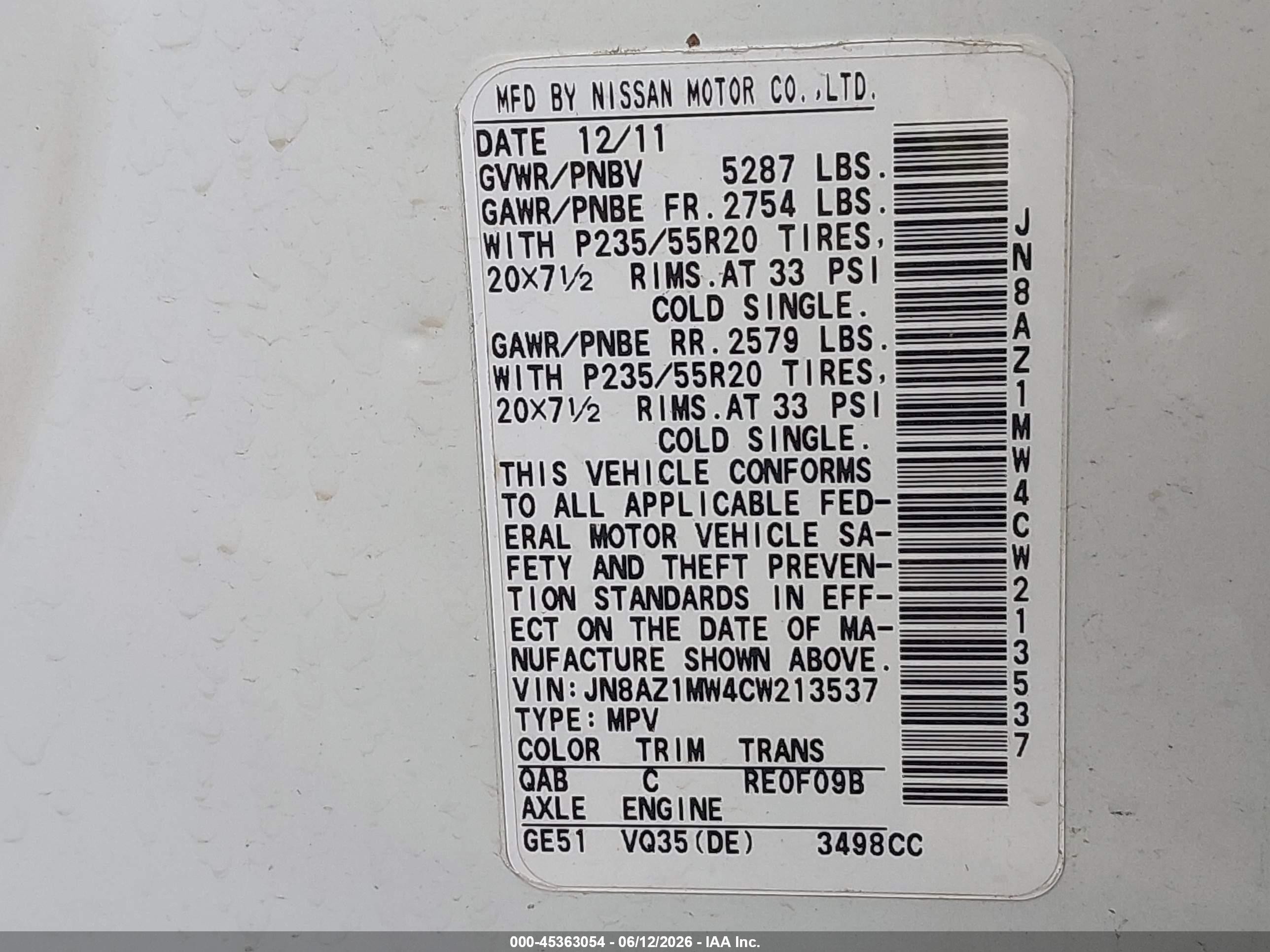2012 Nissan Murano Le White vin: JN8AZ1MW4CW213537
