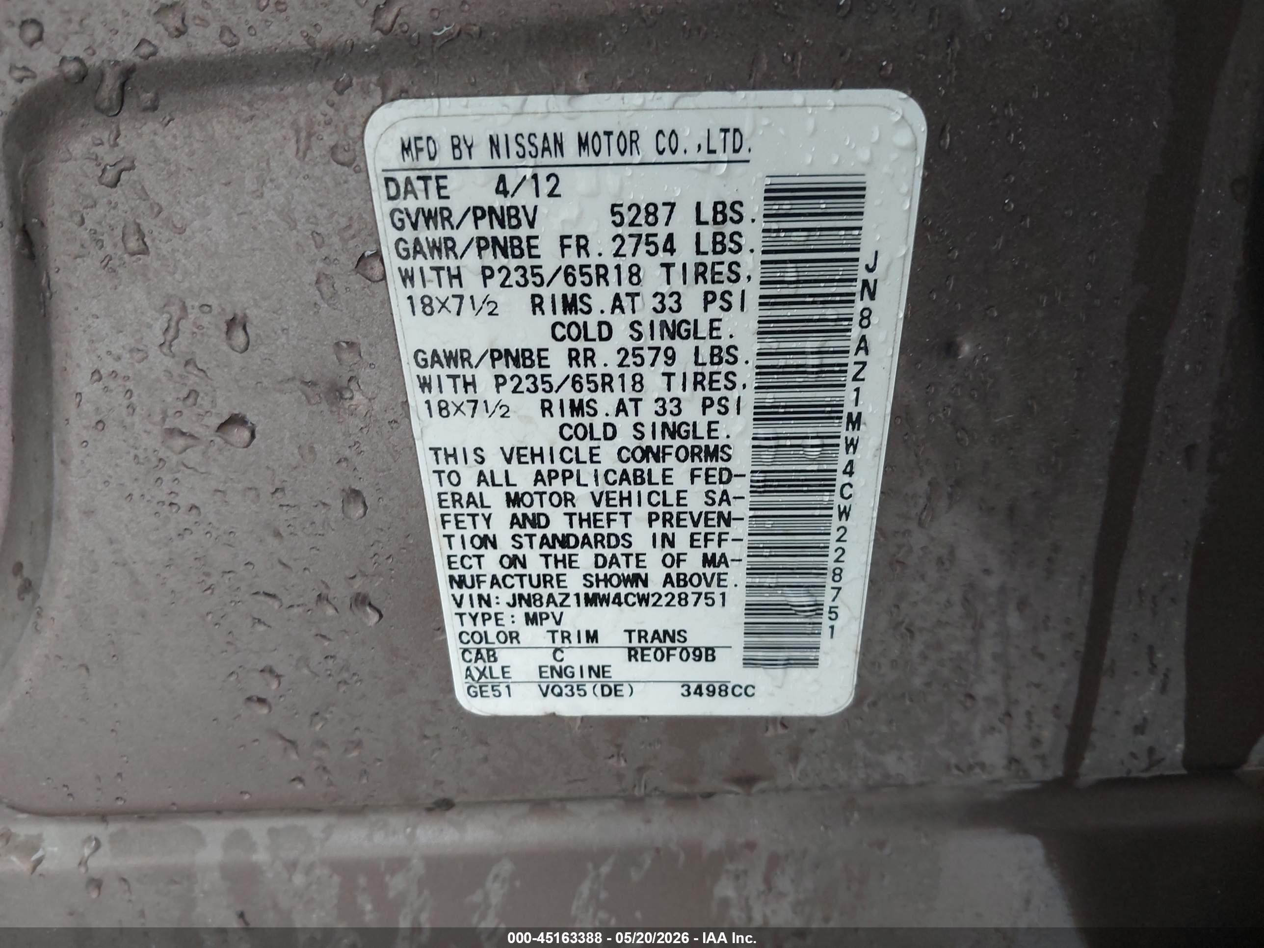 2012 Nissan Murano Sv Beige vin: JN8AZ1MW4CW228751
