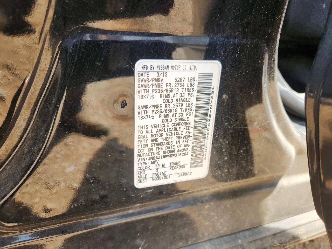 2013 Nissan Murano S Black vin: JN8AZ1MW4DW316264