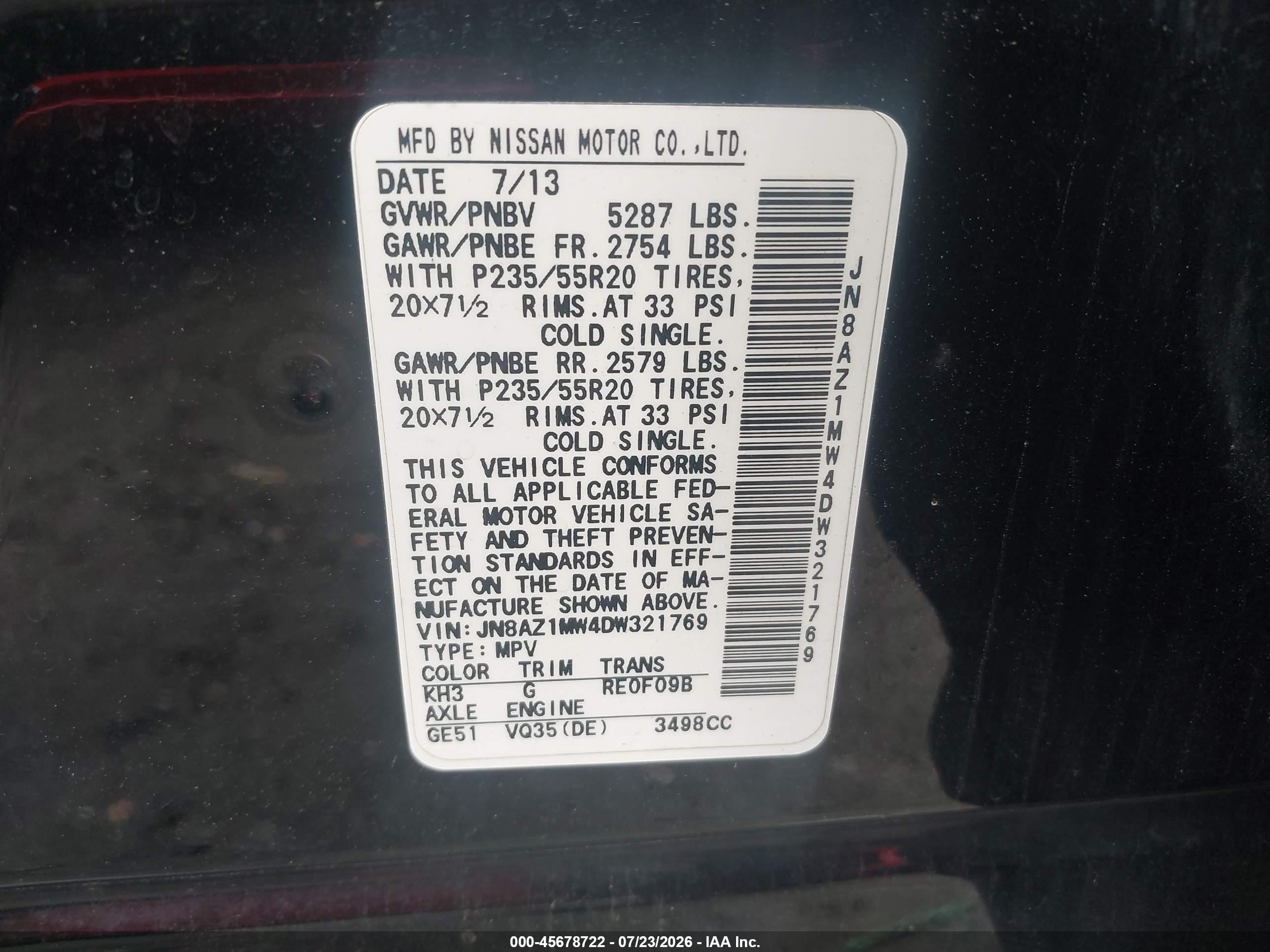 2013 Nissan Murano Le Черный vin: JN8AZ1MW4DW321769