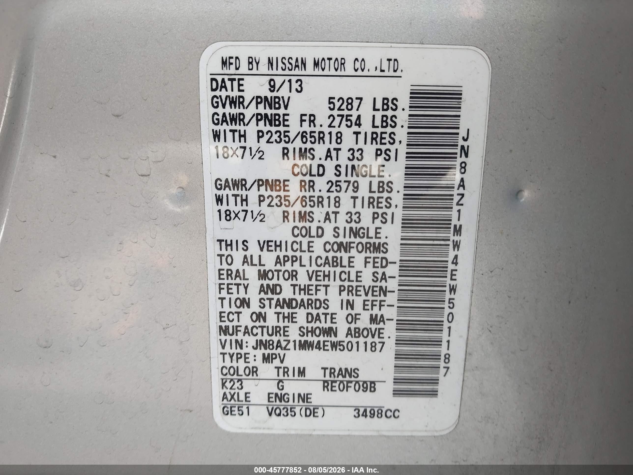 2014 Nissan Murano Sl Silver vin: JN8AZ1MW4EW501187
