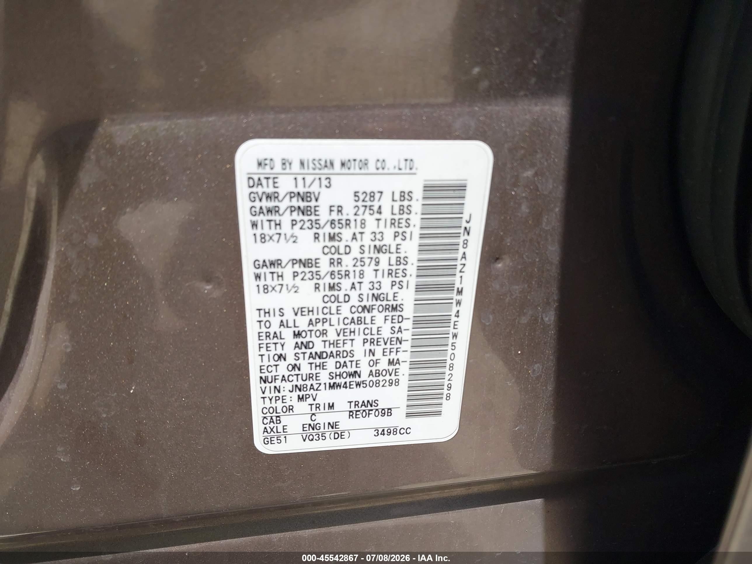 2014 Nissan Murano Sl Brown vin: JN8AZ1MW4EW508298
