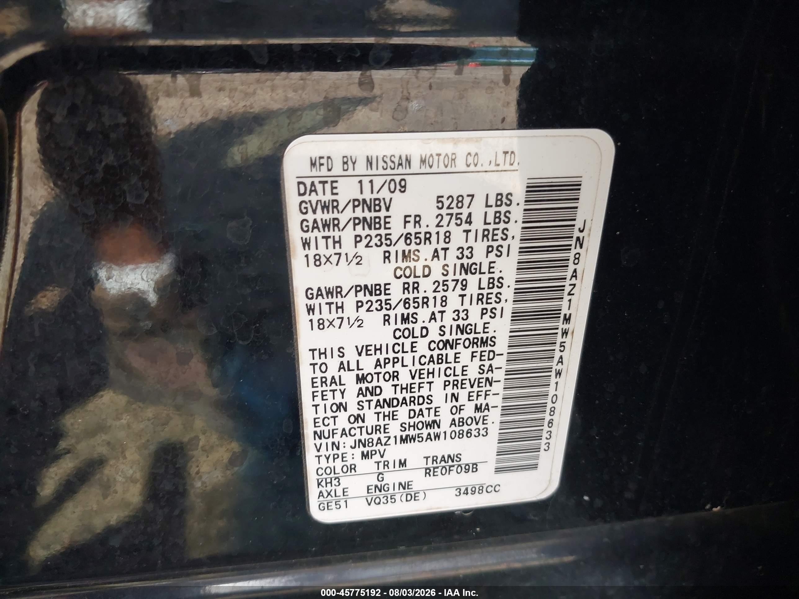 2010 Nissan Murano Sl Black vin: JN8AZ1MW5AW108633