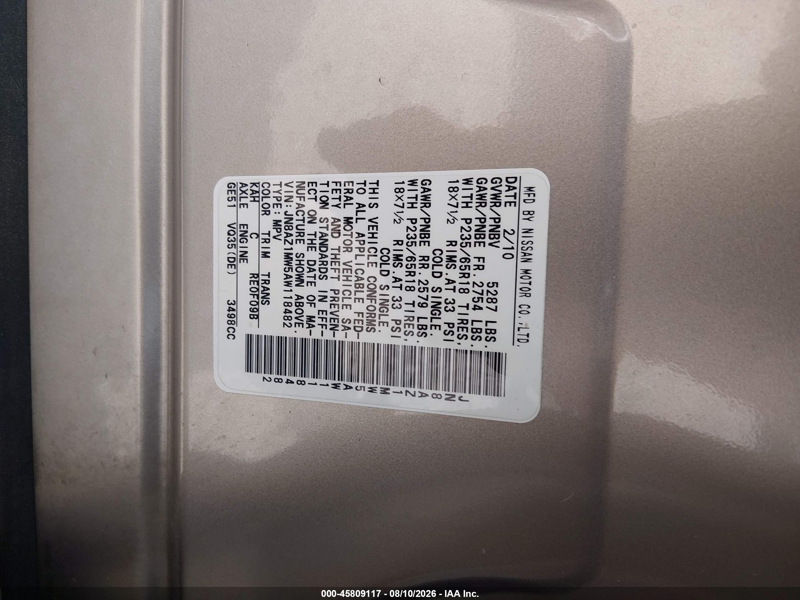 2010 Nissan Murano Sl Silver vin: JN8AZ1MW5AW118482