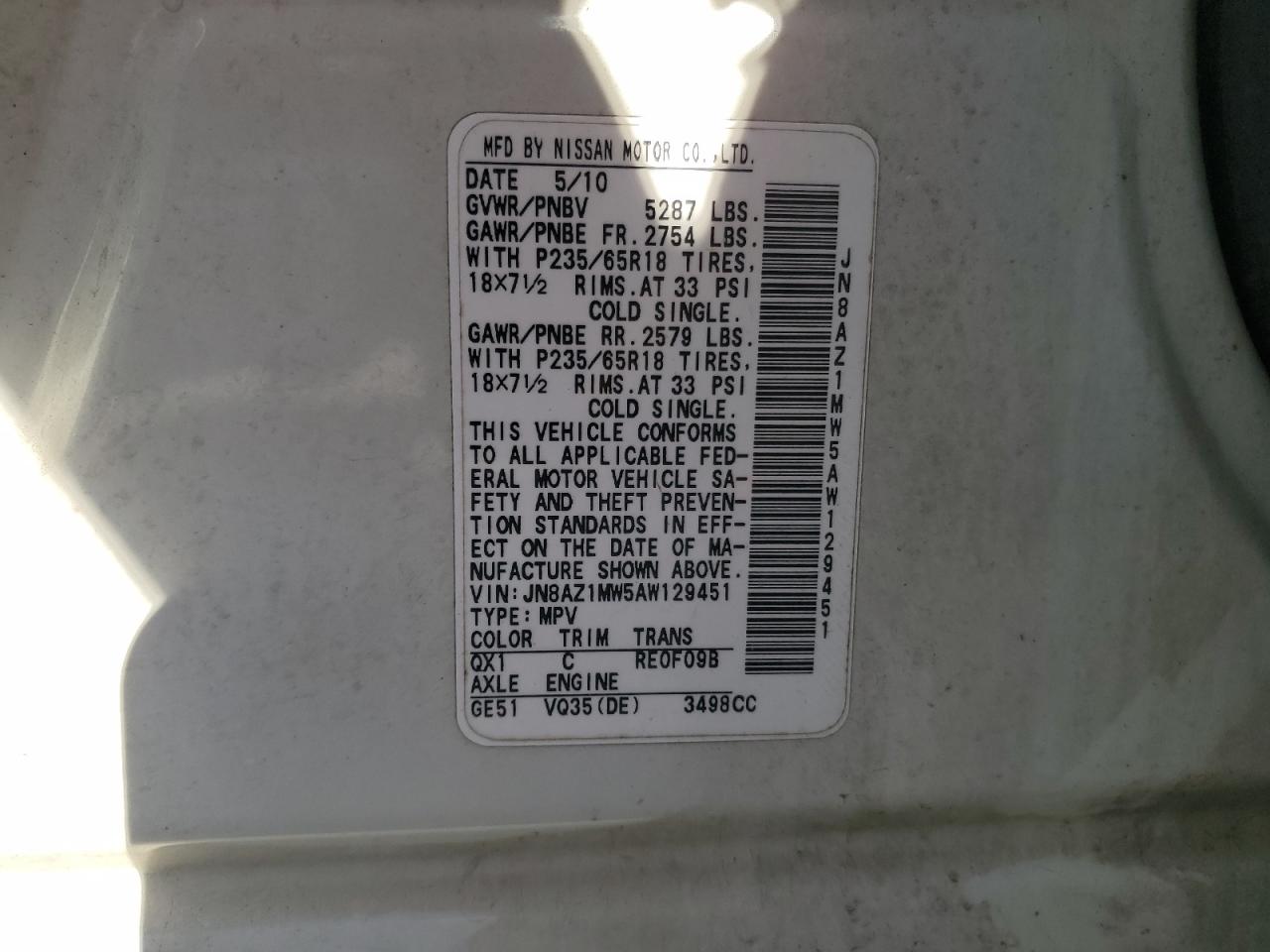 2010 Nissan Murano S White vin: JN8AZ1MW5AW129451