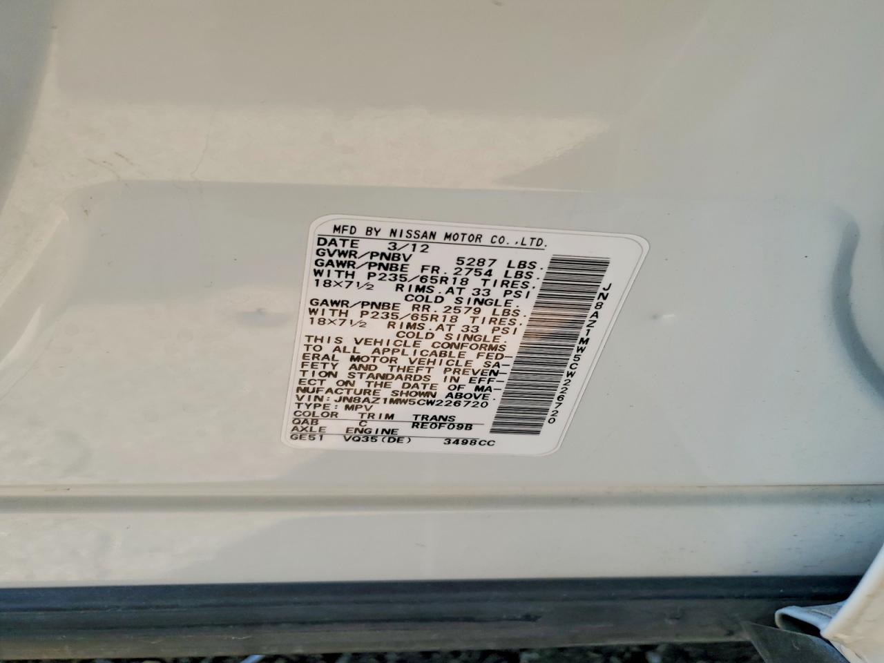 2012 Nissan Murano S White vin: JN8AZ1MW5CW226720
