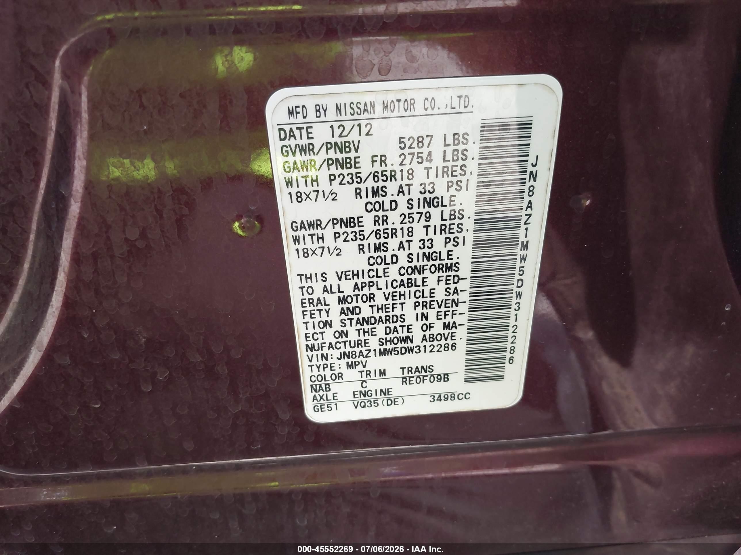 2013 Nissan Murano Sv Burgundy vin: JN8AZ1MW5DW312286