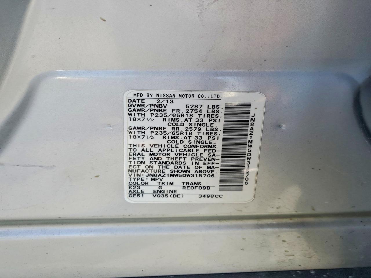 2013 Nissan Murano S Серебряный vin: JN8AZ1MW5DW315706