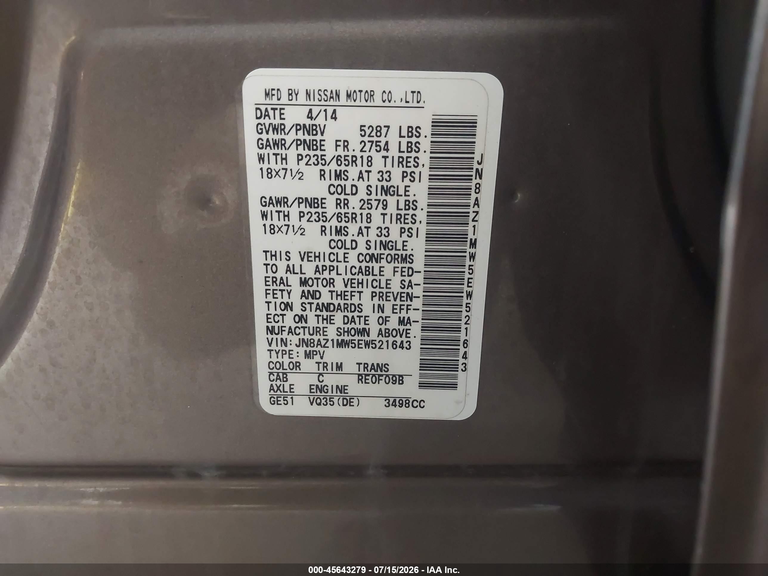 2014 Nissan Murano Sl Gray vin: JN8AZ1MW5EW521643