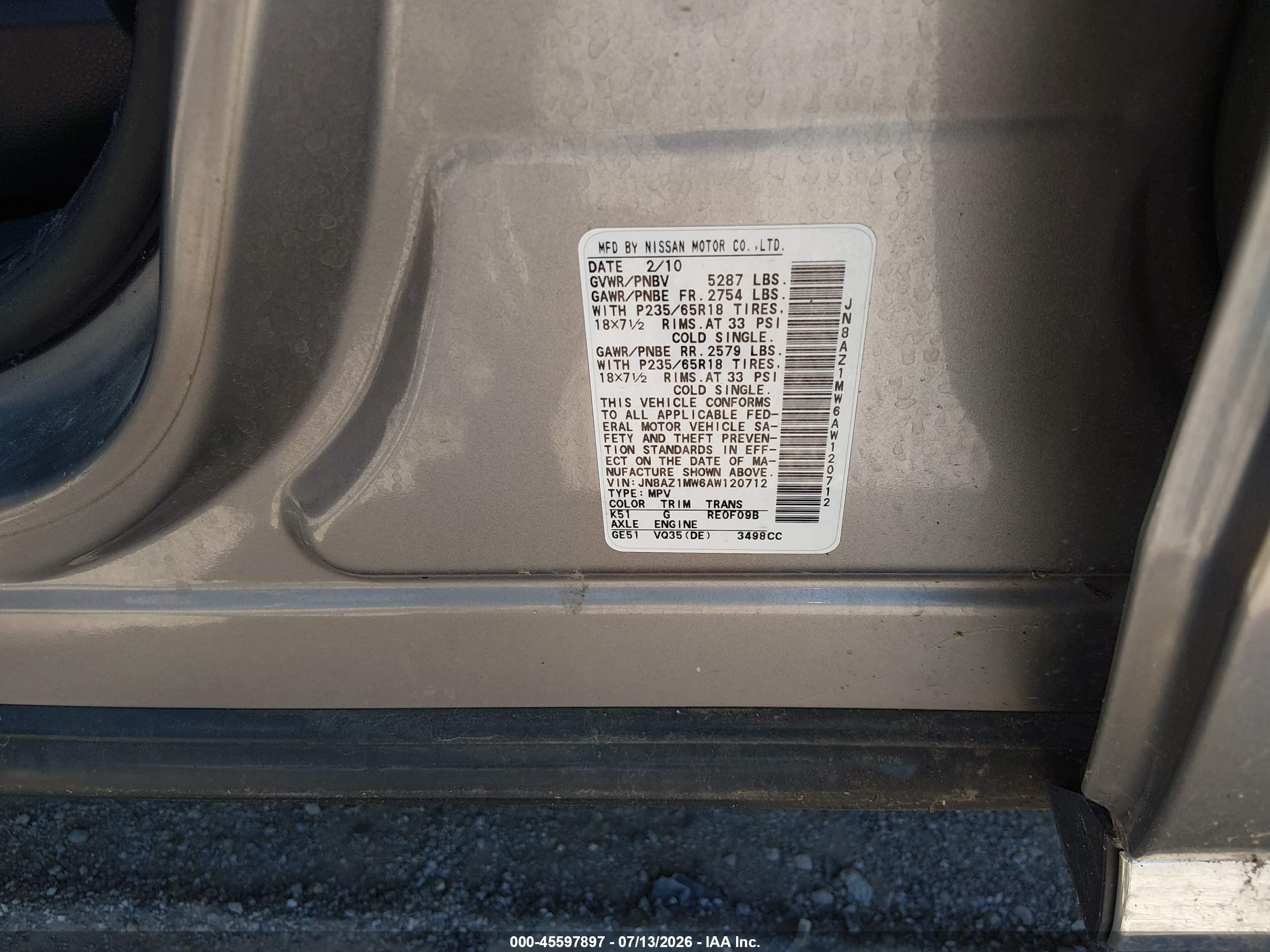 2010 Nissan Murano Sl Gray vin: JN8AZ1MW6AW120712