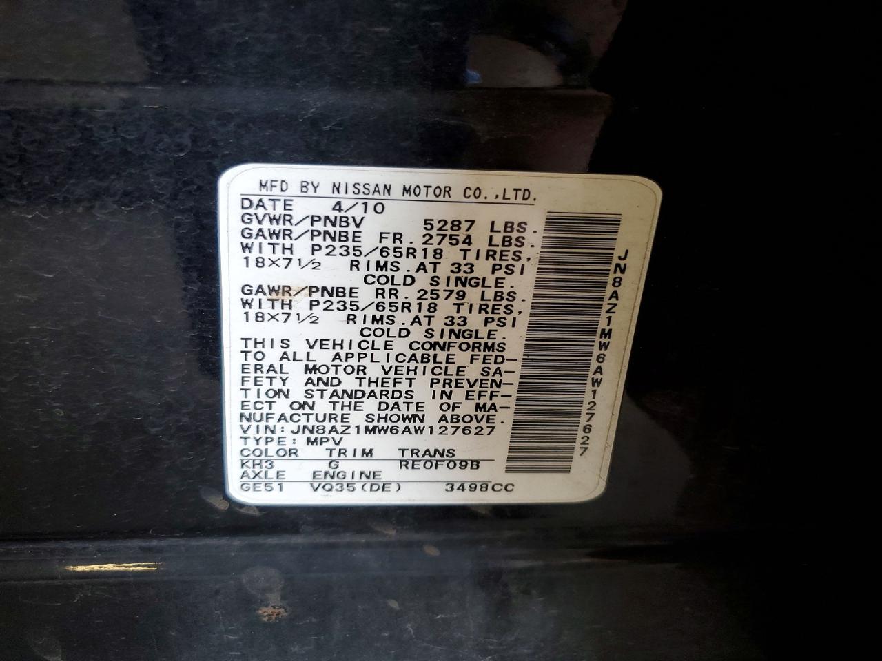 2010 Nissan Murano S Черный vin: JN8AZ1MW6AW127627