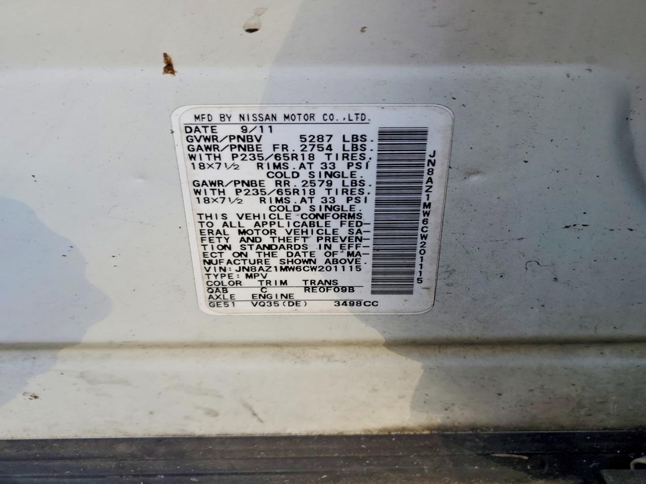 2012 Nissan Murano S White vin: JN8AZ1MW6CW201115