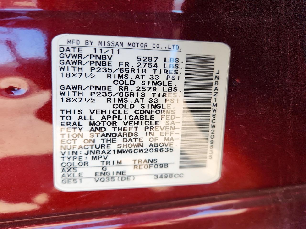 2012 Nissan Murano S Maroon vin: JN8AZ1MW6CW209635
