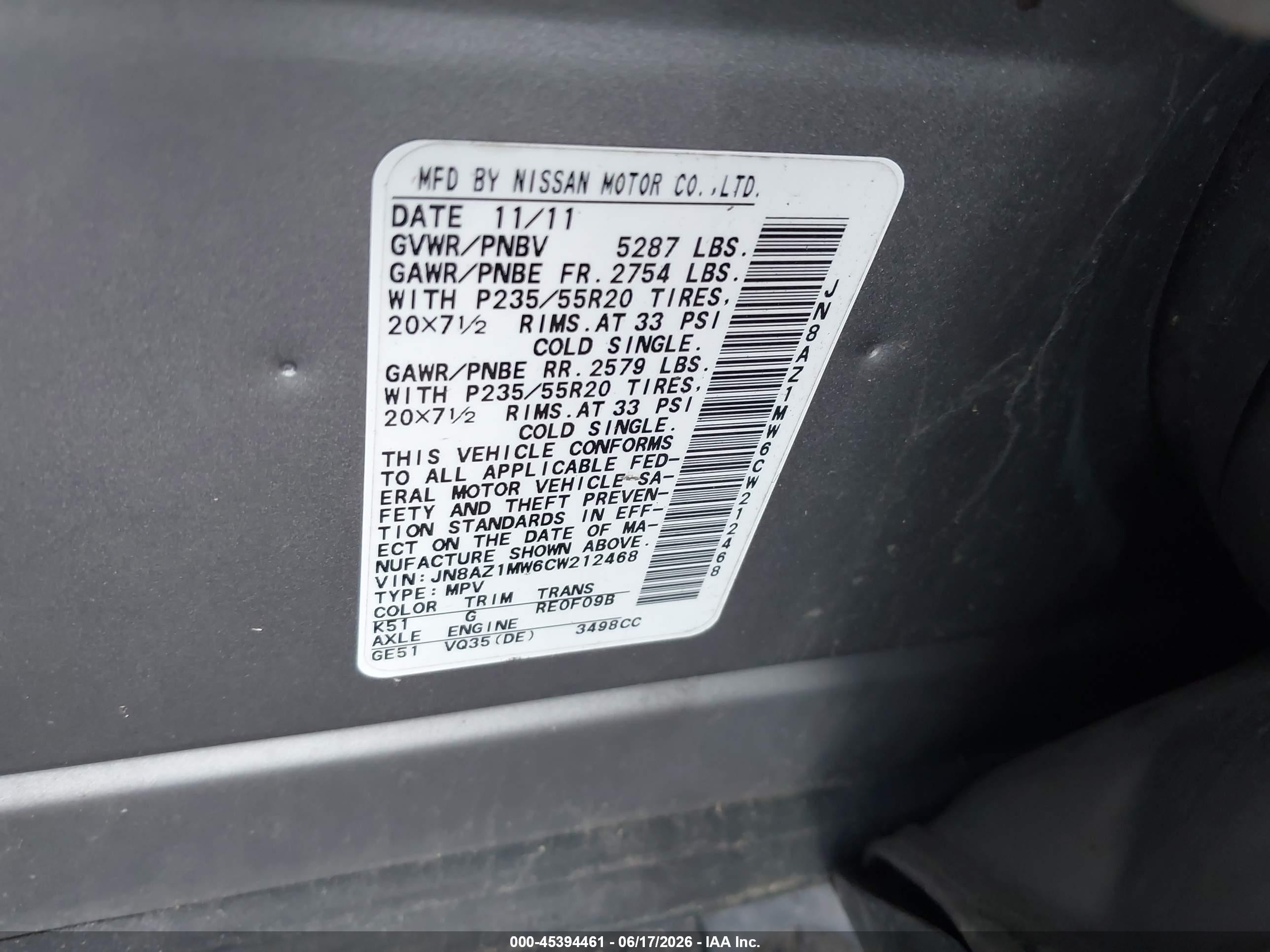 2012 Nissan Murano Le Gray vin: JN8AZ1MW6CW212468