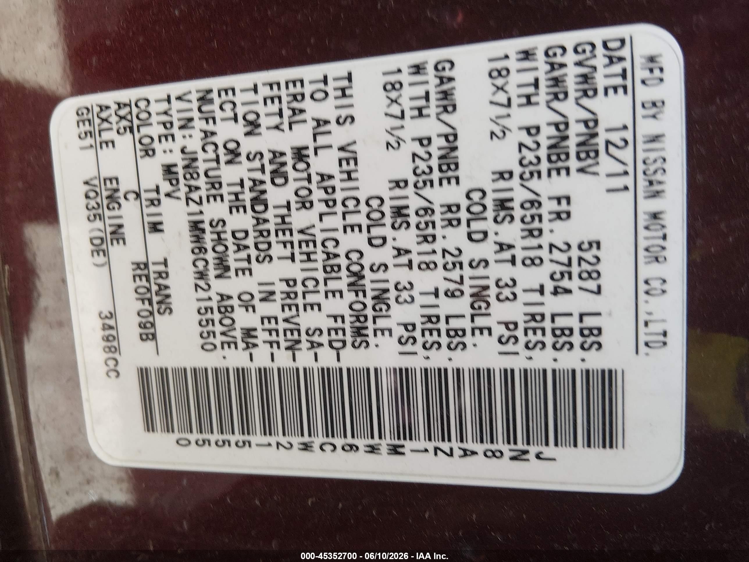 2012 Nissan Murano Sl Maroon vin: JN8AZ1MW6CW215550