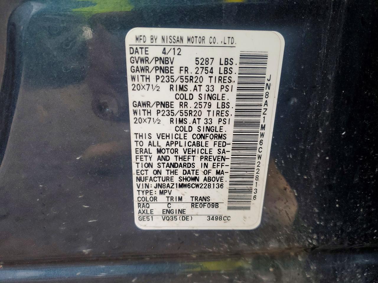 2012 Nissan Murano S Blue vin: JN8AZ1MW6CW228136