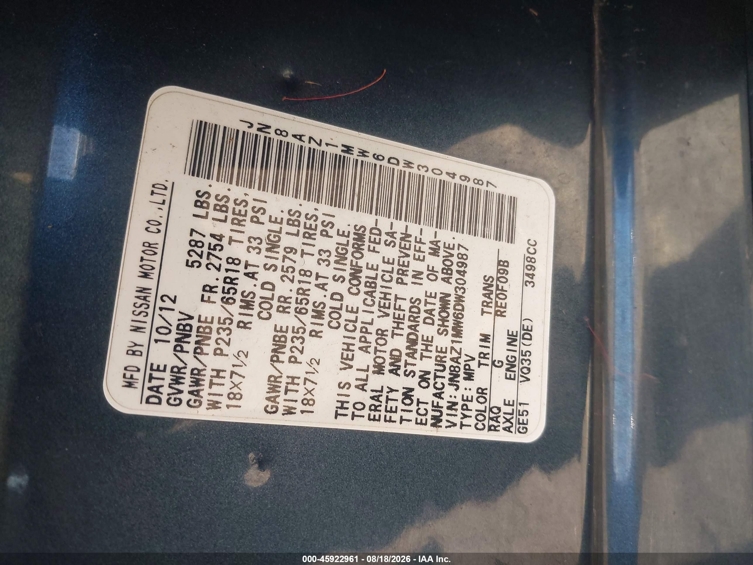 2013 Nissan Murano Sl Blue vin: JN8AZ1MW6DW304987